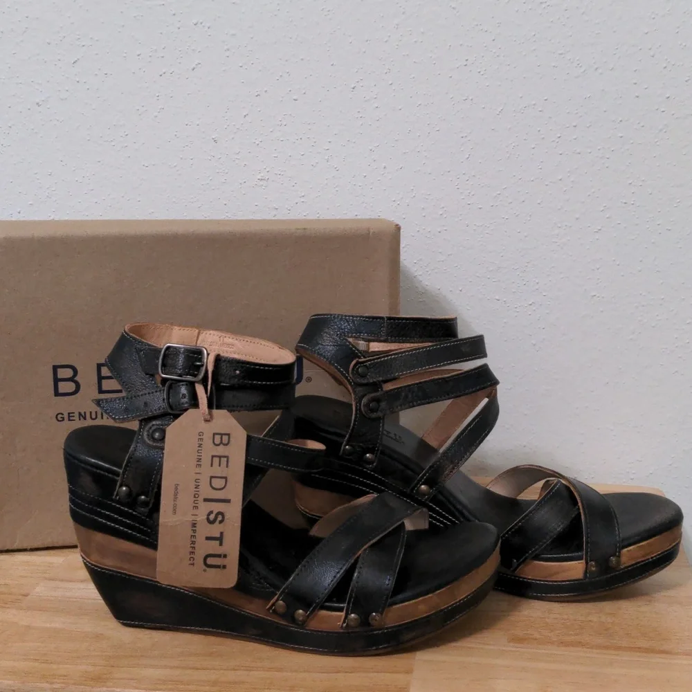 BedStu Juliana Black Leather Platform Wedge Sandals sz 11 New w Box - Picture 6 of 12